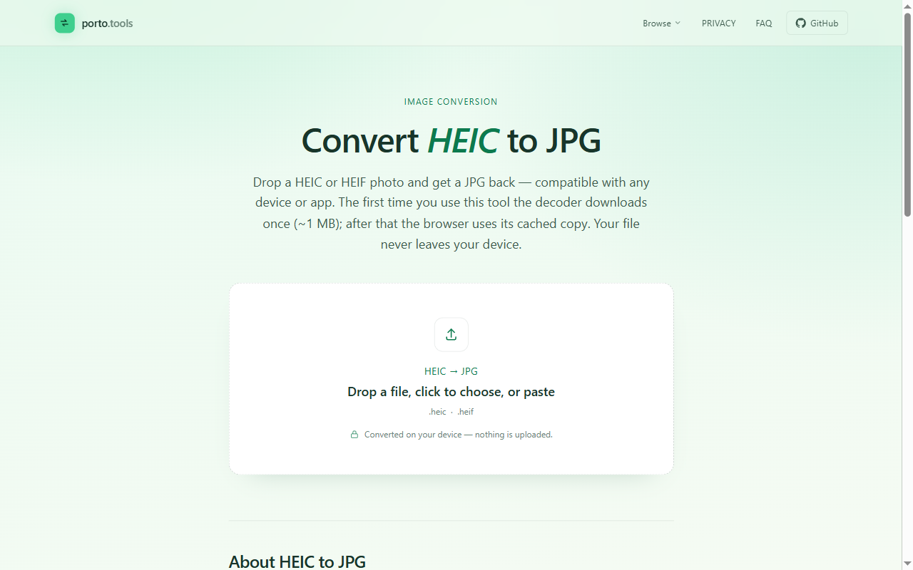 The porto.tools HEIC to JPG converter, showing a drop zone to add a photo and a note that it is converted on your device and nothing is uploaded.