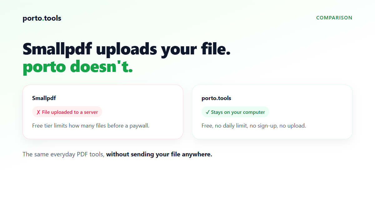 Side-by-side comparison showing Smallpdf uploading a file to its server, and porto.tools converting the same file on your own computer without uploading it.